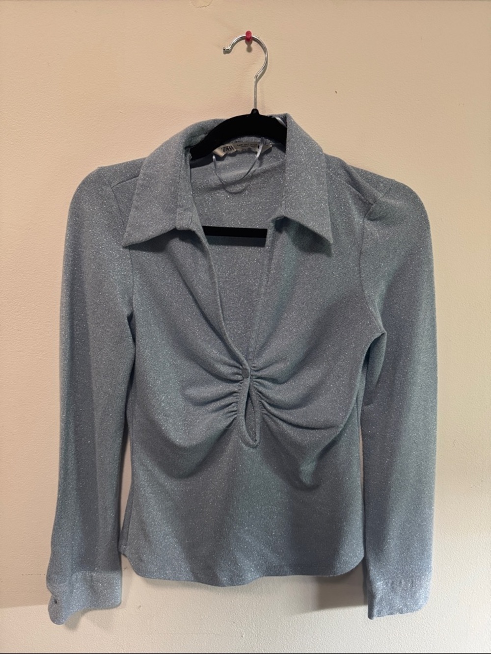 Zara Shimmery Light Blue Ruched Front Button-Down Top - Picture 3 of 6